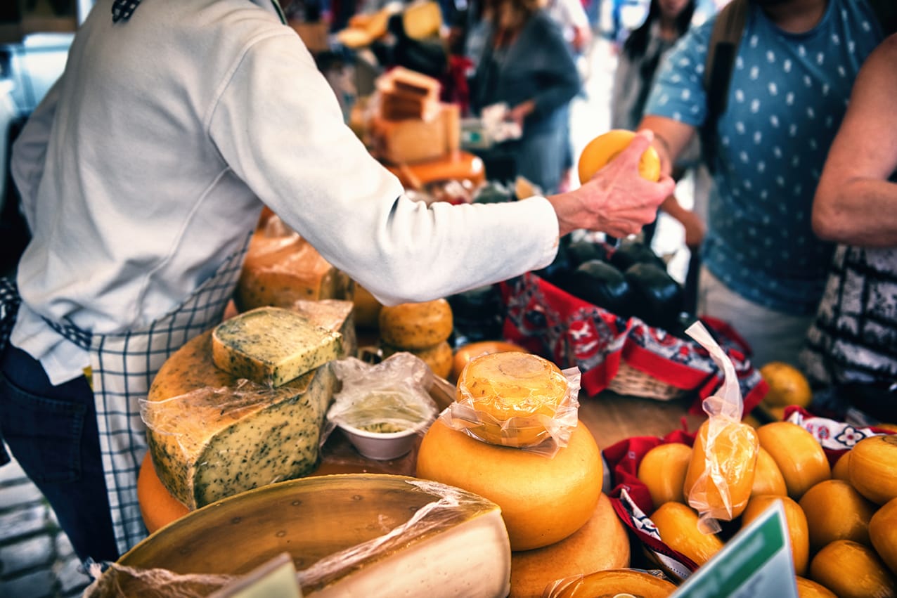 Selection of Dutch cheese at farmers traditional market